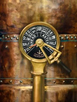 Ancient Engine Room Bridge Telegraph in front of a copper background Stock Photos