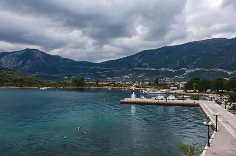 Ancient Epidaurus harbor with lighthouse and boats. Foto stock