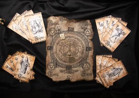 Ancient esoteric witchcraft background. Occultims and paganism old symbol, wi Stock-Fotos