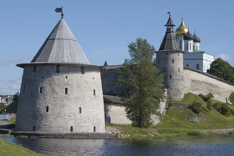 The ancient Flat Tower of the Pskov Kremlin on a sunny June day Stock Photos