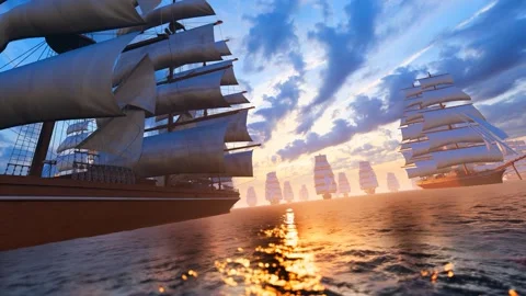 Ancient fleets setting sail on the high seas, braving the winds and waves. Stock Footage 336071182