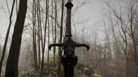 An ancient formidable sword stuck in an old stone in the middle of a morning Stock Illustration