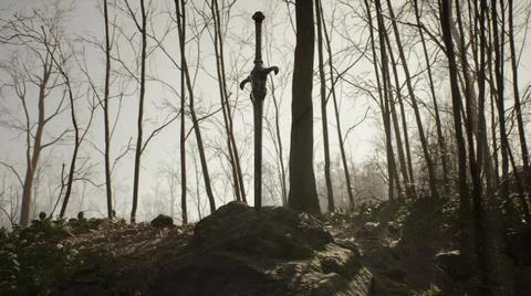 An ancient formidable sword stuck in an old stone in the middle of a morning Stock Illustration