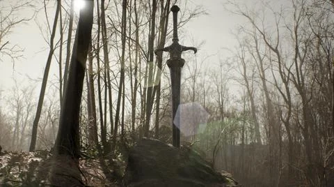 An ancient formidable sword stuck in an old stone in the middle of a morning Stock Illustration