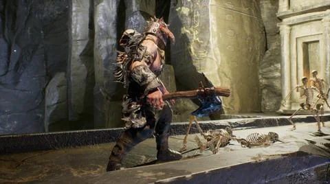 An ancient formidable warrior fights terrible skeletons in a stone castle. The Stock Illustration
