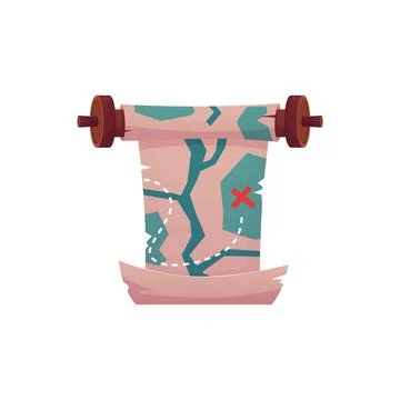 Ancient game map parchment roll with the path to the marked destination, old Stock Illustration