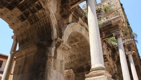 Ancient gate of Roman emperor Adrian at Antalya city center, Turkey Stock Footage