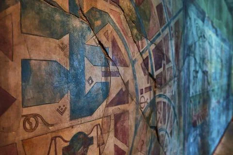 Ancient Geometric Mural Textures Close-Up Perspective 스톡 사진