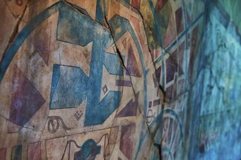 Ancient Geometric Wall Patterns in Sepia Tones - Close-Up Perspective Stock Photos