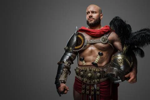 Ancient gladiator with helmet plumed with black feathers 写真素材