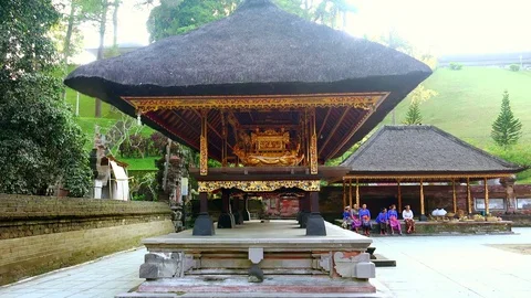 Ancient golden altar for holy sacrifices in Hindu sanctuary. Bali, Indonesia Stock Footage