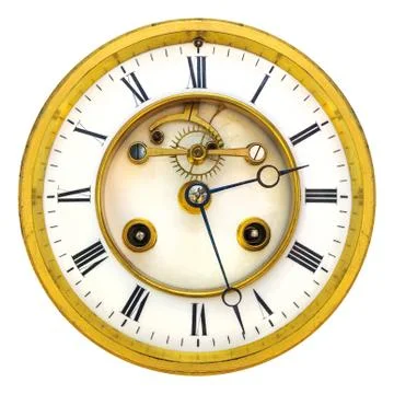 Ancient golden open clock face isolated on white Stock Photos