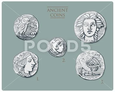 Ancient Greece, antique symbols silver coins tetra drachma, medals with hercules Stock Illustration