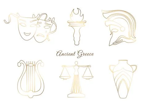 Ancient Greece elements set. Thin shiny line. Gold mask with a vase and a bea Stock Illustration