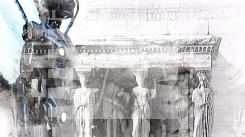 Ancient Greece Meets Future Tech: Robot and Statues in Surreal Temple Montage Video stock 311014864