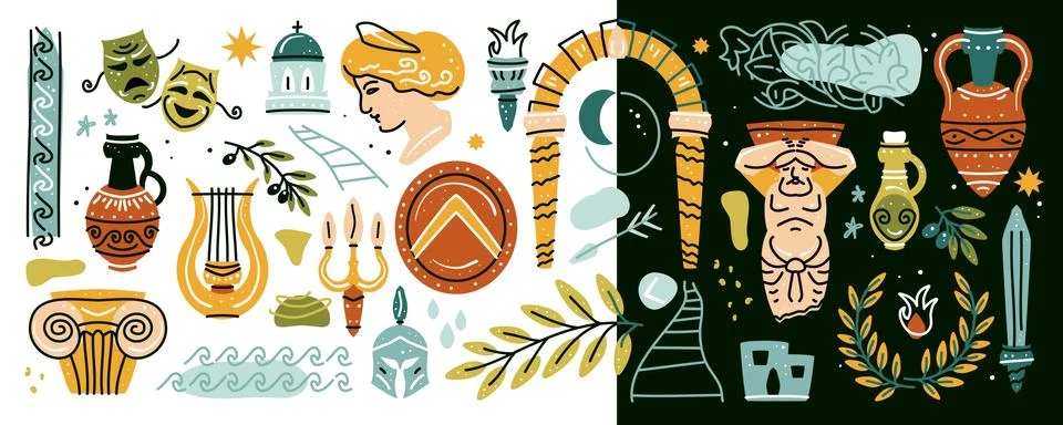 Ancient, Greek elements set. Various Antique items Illustrazione stock