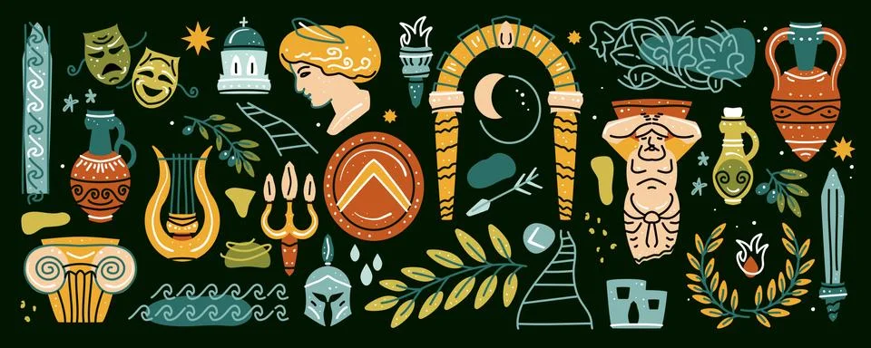 Ancient, Greek elements set. Various Antique items Illustrazione stock
