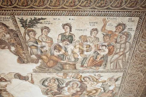 Ancient Greek mosaic in Paphos Archaeological Park Stock Photos