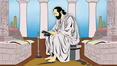 Ancient Greek philosopher reading, elderly scholar engrossed in reading a tome Stock Illustration