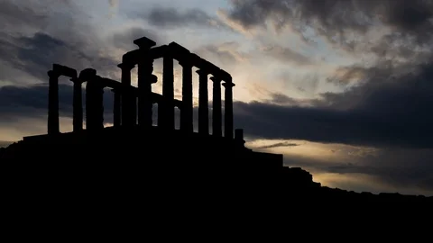 Ancient Greek Temple of Poseidon at Cape Sounion, Time Lapse at Sunrise, Greece Stock Footage 114491201