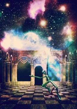 Ancient hall and angry alien Stock Illustration