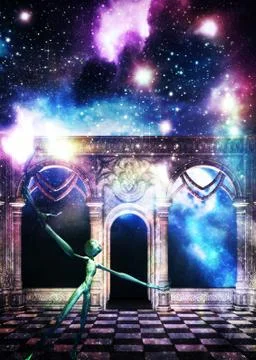 Ancient hall and angry alien Stock Illustration