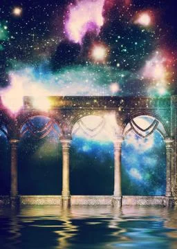 Ancient hall and galaxy Ilustración de archivo