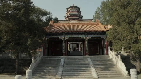 Ancient Hall and Pagoda Viewed Through Trees at Summer Palace Beijing China Stock Footage 341781739