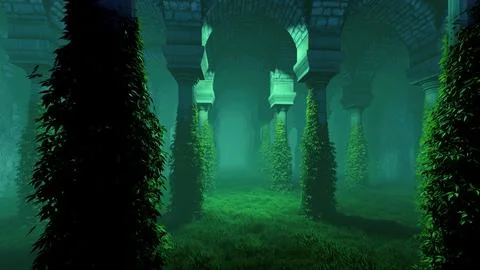 An ancient hall with columns. Ilustración de archivo