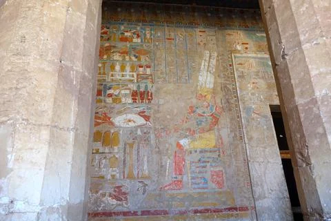 Ancient Hieroglyphics and Artwork Inside the Mortuary Temple of Hatshepsut .. Stock Photos