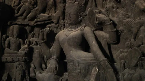 Ancient Hindu and Buddhist Sculptures at Elephanta Caves in Mumbai, India Stock Footage