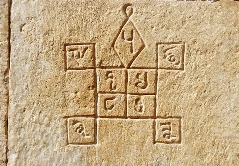 Ancient hindu astrology symbols on the wall of old house in jaisalmer, india Stock Photos
