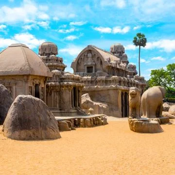 Ancient Hindu monolithic Indian rock-cut architecture Pancha Rathas - Five Ra 写真素材
