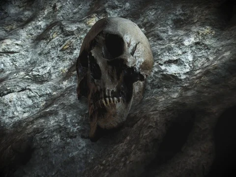 Ancient human skull. Apocalypse concept. Super realistic 4k animation. Stock Footage 80706017