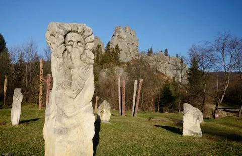 Ancient idols near ruins of Tustan - rock fortress in Carpathian Mountains Stock Photos