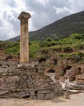 Ancient Ionic column and historical ruins of Ephesus, Selcuk, Turkey Stock Photos