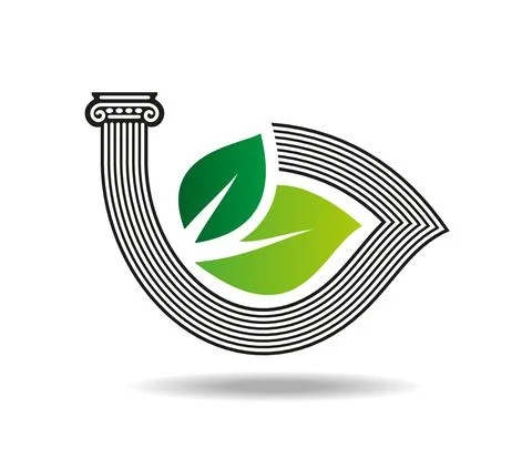 Ancient Ionic column wrapping around green leaves. Stock Illustration