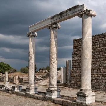 Ancient Ionic Columns at the Asklepion of Pergamon, UNESCO Site, Bergama, Turkey Stock Photos