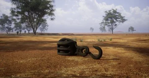Ancient iron hook resting on arid ground under a clear sky Illustrazione stock