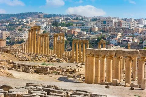 Ancient Jerash Jordan view of the present city Stock Photos