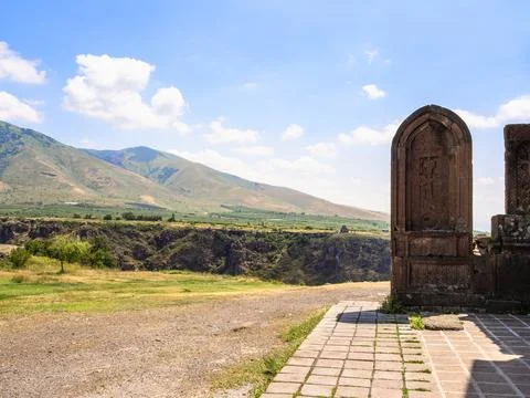 Ancient khachkar in Saghmosavank Monastery Foto stock