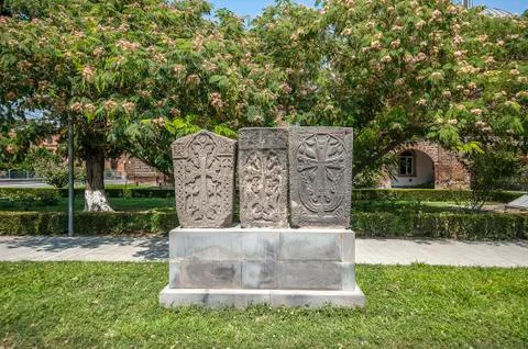 Ancient khachkars of Etchmiadzin. Stock Photos