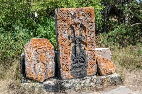Ancient khachkars of the monastery of Sevanavank. Stock Photos