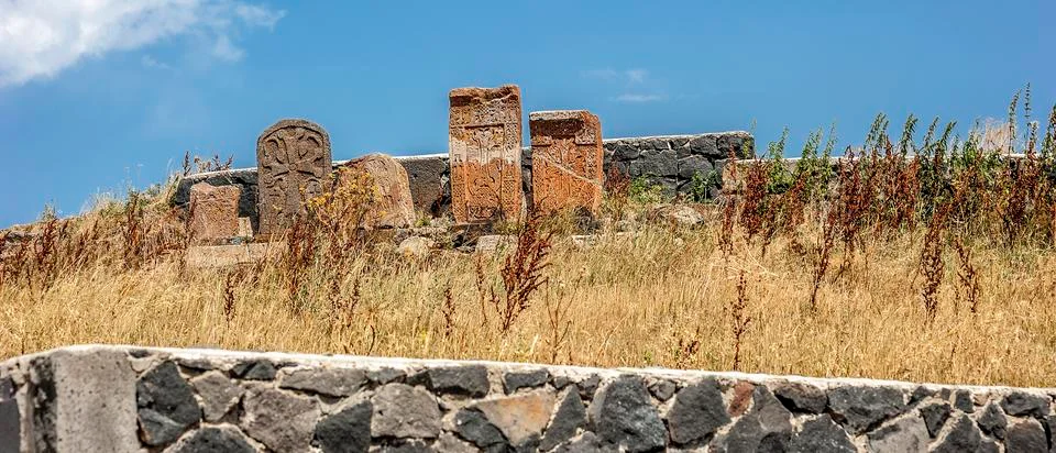 Ancient khachkars of the monastery of Sevanavank. Stock Photos