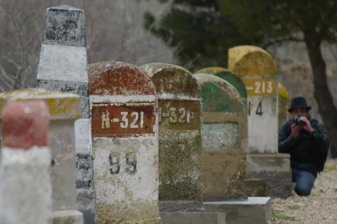 Ancient kilometer stone landmark Stock Photos