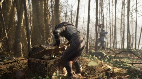 An ancient knight opens an old treasure chest with gold coins. Knights ride Stock Footage 154157837