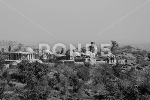 Ancient Kumbhalgarh Fort, B&W old Temple ruins, world Heritage, Rajasthan India Stock Photos