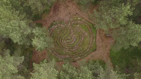 Ancient labyrinth Babylon, Pitcul. Aerial vertical view with rotation. White Sea Video stock 84070930