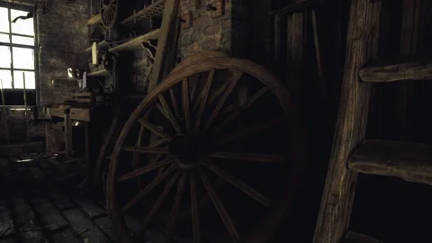 Ancient ladder and loose nails coneshaped around carpentry tools and bench Stock Footage 330249749