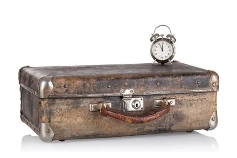 Ancient leather suitcase with clock Stock Photos